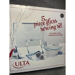 ULTA  BEAUTY 5 piece Glass Serving Set 4 Plates  1 Serving Platter Clear Square
